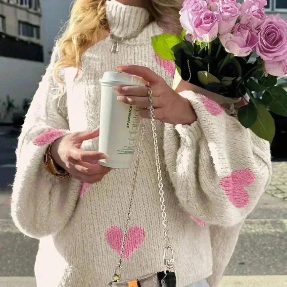 Beige Casual Women's Heart Pattern Drop Shoulder Oversize Lantern Sleeve Sweater - Picture 4 of 6